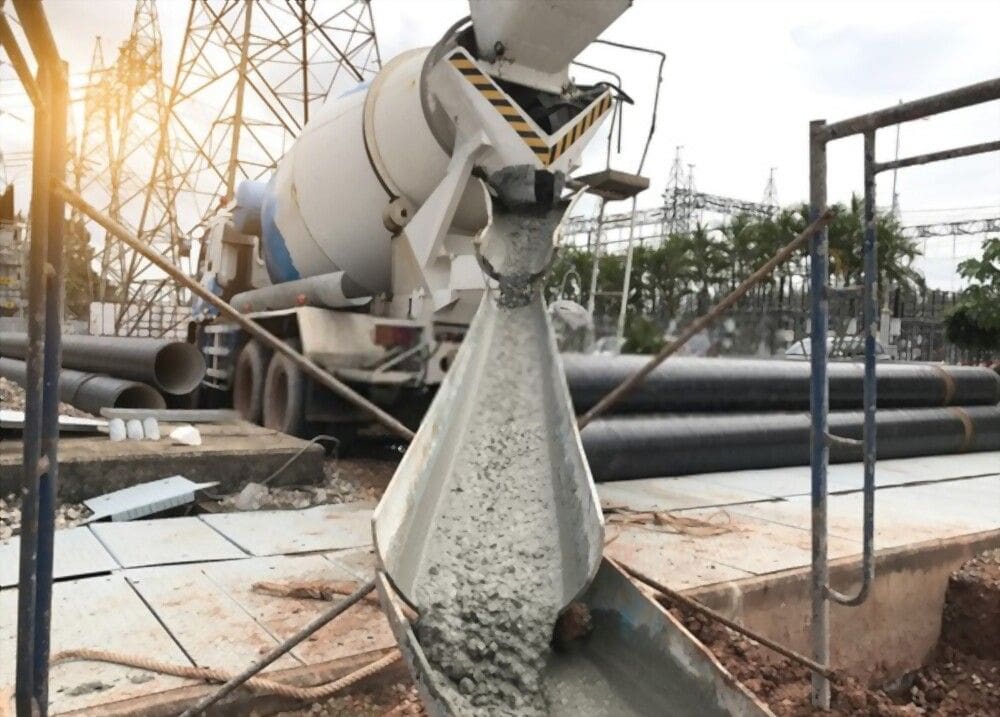 A concrete mixer truck pours cement into a chute at a bustling construction site in Goodyear, AZ. Pipes and metal scaffolding envelop the area as a skilled concrete contractor ensures precision. Power lines and pylons stand in the background under a cloudy sky.